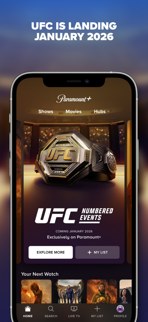Paramount Plusアプリの画面。UFCナンバーイベントの告知を表示。