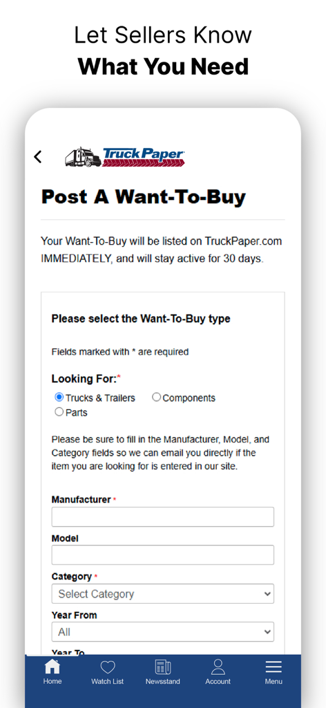 TruckPaper: Trucks For Sale - TruckPaper mobile app interface showing the Post A Want-To-Buy form for commercial vehicles and parts.