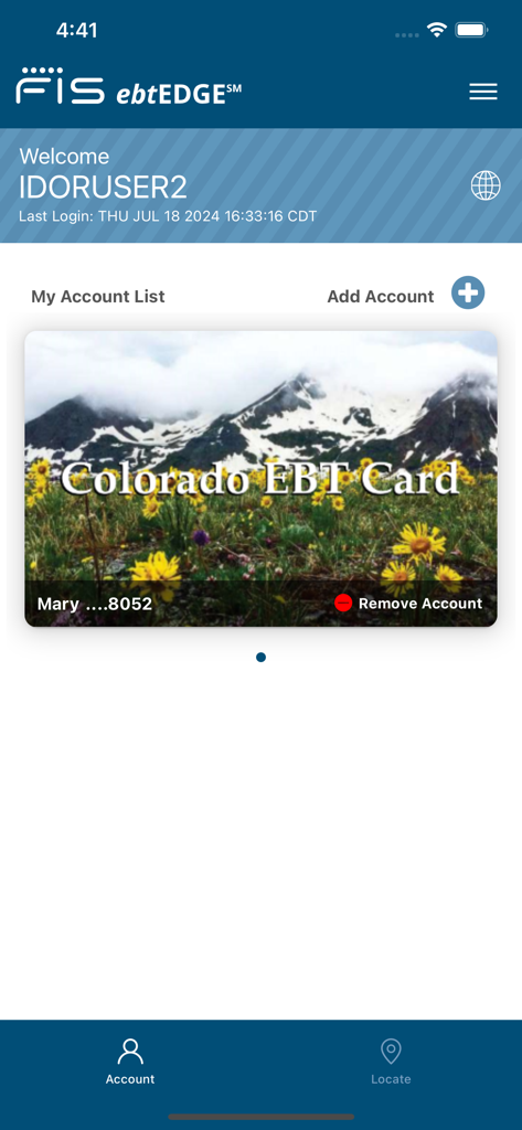 ebtEDGE mobile app, die eine Colorado EBT-Kartenkontoliste anzeigt