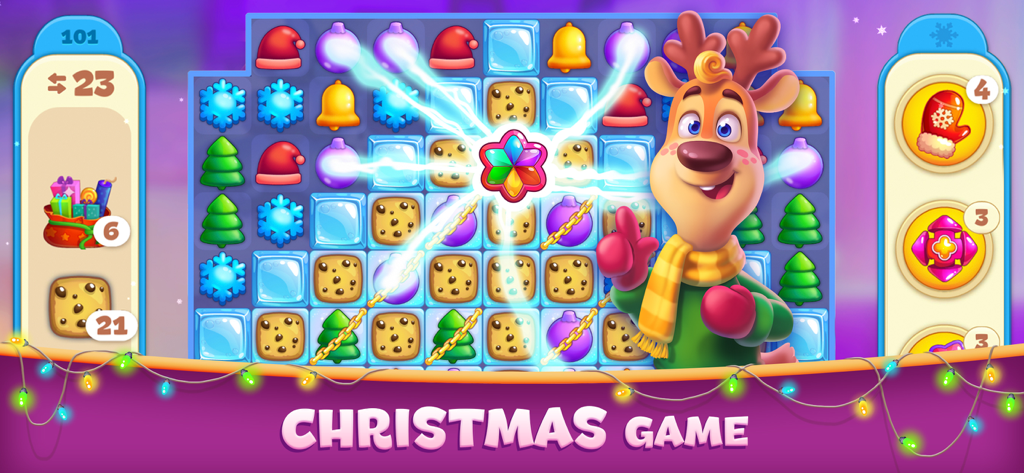 A match 3 puzzle board from Christmas Sweeper 4 featuring festive holiday icons and a reindeer character.