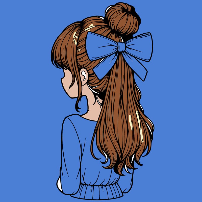 realistic girl  with hip length hair a bun and a big bow on the back of head