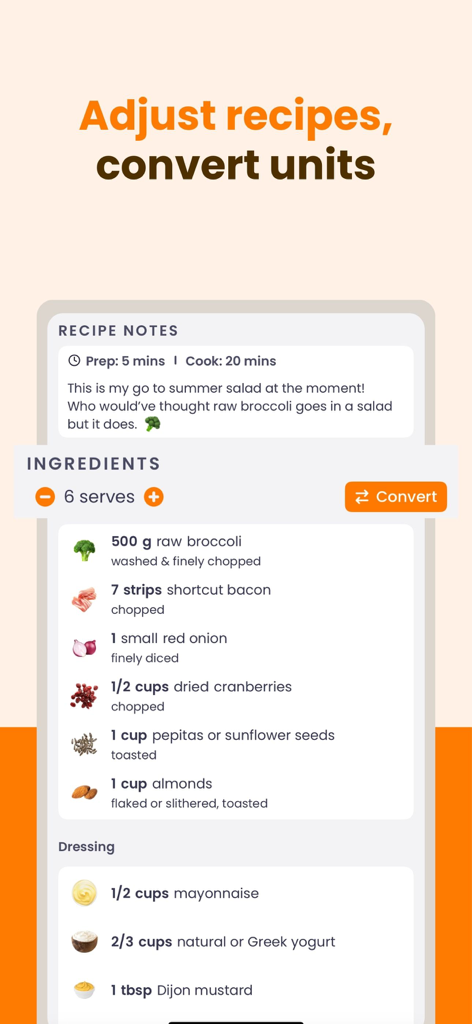 ReciMe: Recipes & Meal Planner - ReciMeアプリのインターフェース。レシピのポーションをスケーリングし、測定単位を変換する機能が表示されています。