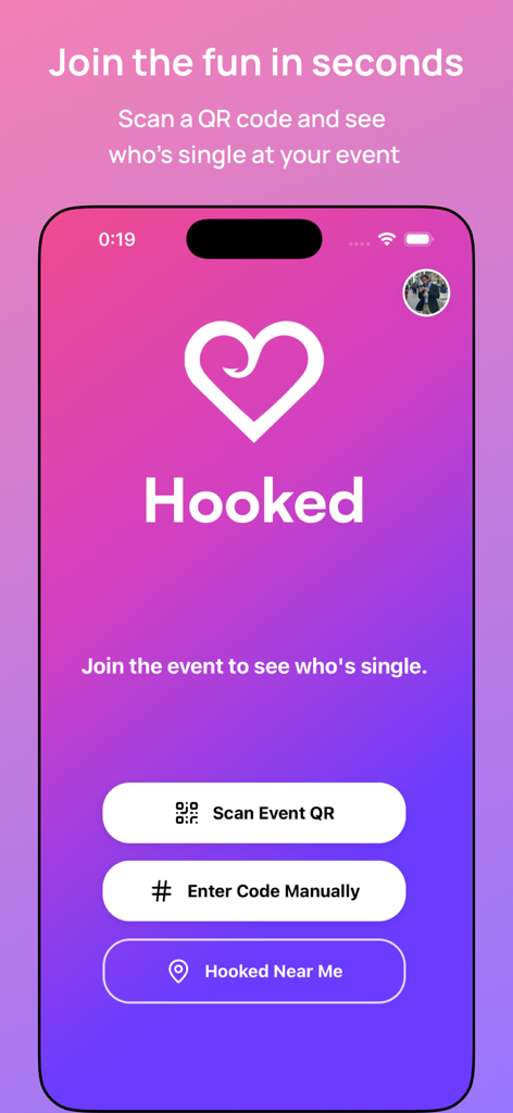 The Hooked App - The Hooked App main screen showing options to scan an event QR code or enter a code manually to connect with people at real life social events