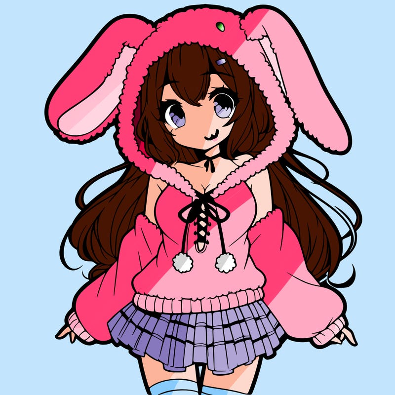 pretty anime girl wearing a fluffy hoodie with bunny ears on the hood and a skirt