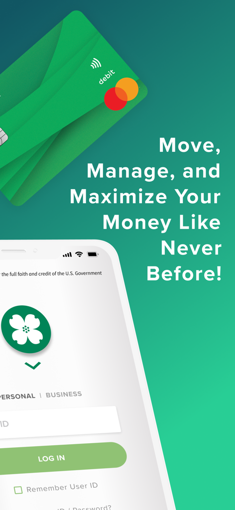 Central Bank - Mobile - Central Bank mobile banking app login screen featuring a debit card and promotional text