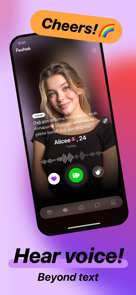 Fachat app interface showing a user profile with voice waveform and video call options