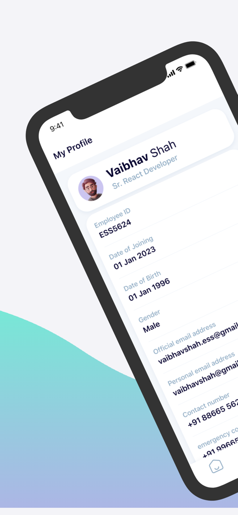 ESS (Employee Self Service) - Employee profile screen in the ESS mobile app showing personal and professional details
