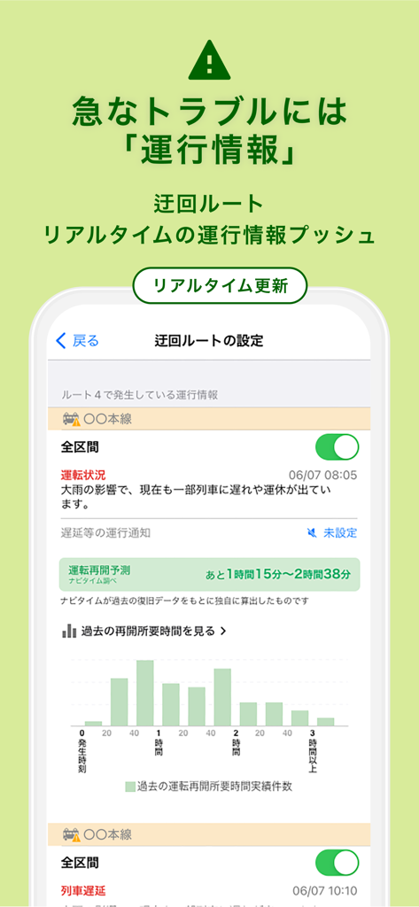 Interface of the NAVITIME app showing real-time train delay alerts and transit service information in Japan.