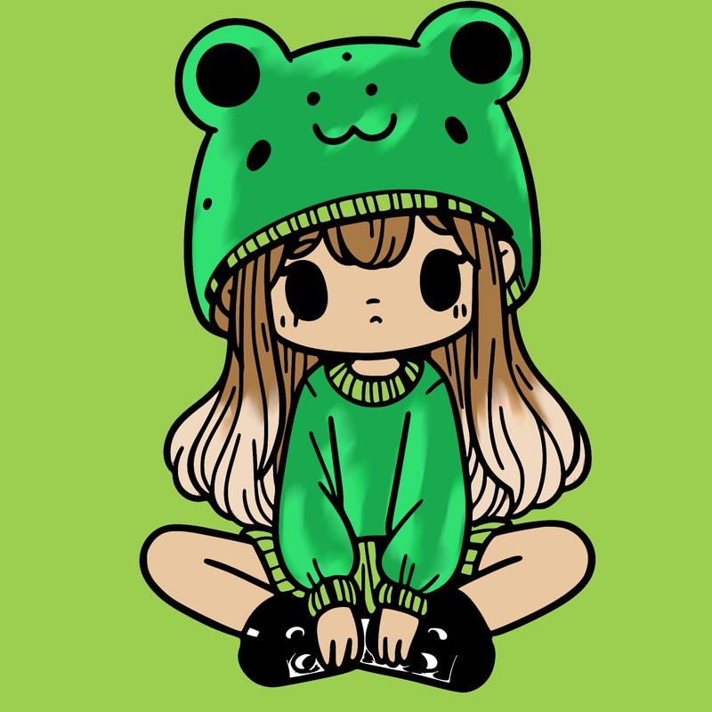 a girl wearing a frog hat and some frog socks