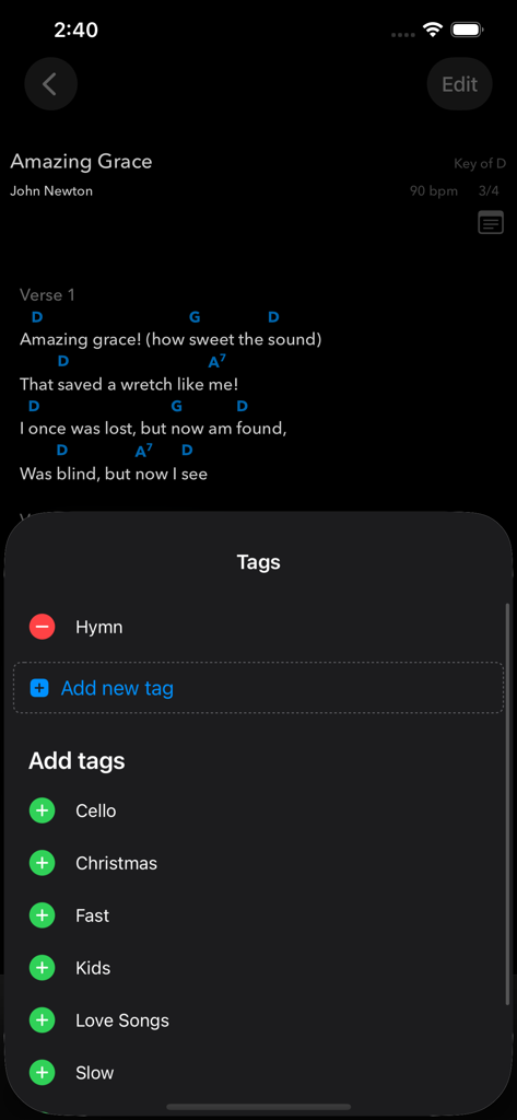 SongSheet Pro School Edition - Gestión de etiquetas de canciones en la interfaz de la aplicación SongSheet Pro School Edition.