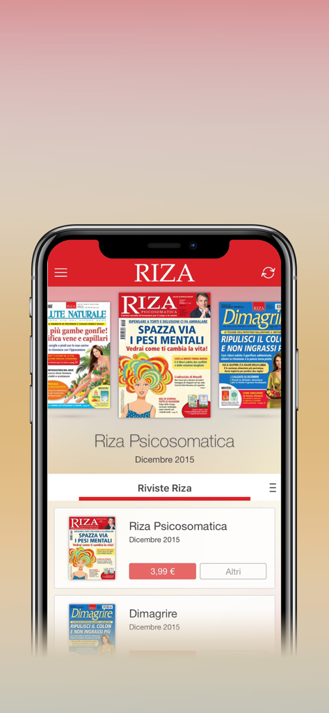 Riza - Riza mobile app interface showing a digital newsstand with health and wellness magazines