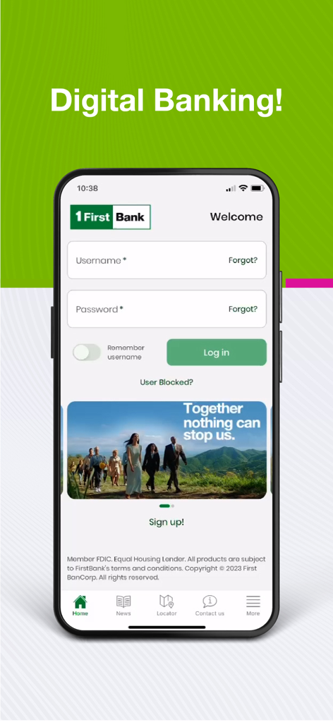 Tela de login do aplicativo FirstBank Sua Banca Digital em um smartphone.