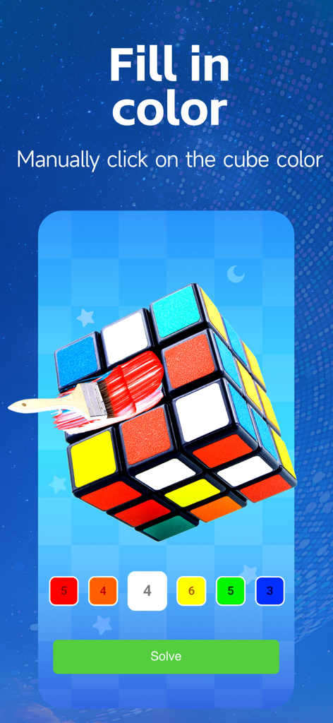 RGB Cube Solver &Timer - Interface de l'application RGB Cube Solver montrant la saisie manuelle des couleurs pour un cube puzzle 3D avec un pinceau virtuel.