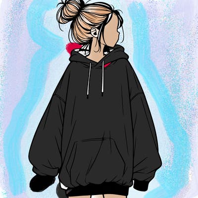 realistic girl with a oversized sweatshirt on and a bun