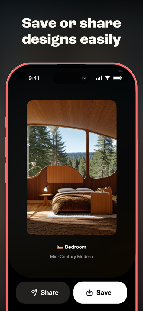 Al Interior Design - Deco - 저장 및 공유 옵션이 있는 침실 디자인을 보여주는 Deco AI 인테리어 디자인 앱 인터페이스.