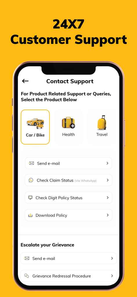Digit Insurance app contact support screen with options for email whatsapp claim status and policy downloads