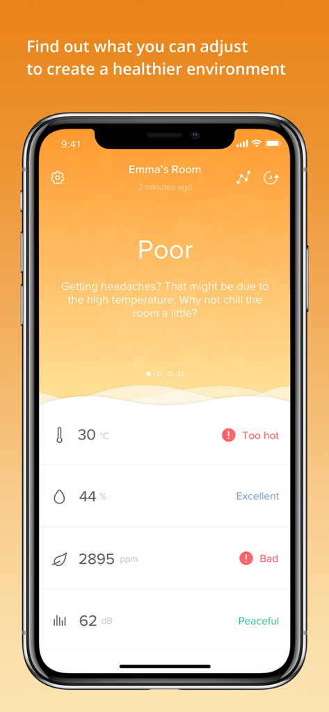 Healthy Home Coach - Healthy Home Coach app screenshot showing environment monitoring for a room with alerts for high temperature and poor air quality