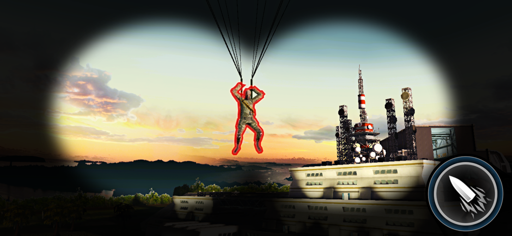 Kill Shot Bravo: Sniper Games - Sniper scope view targeting an enemy paratrooper over a military base at sunset.