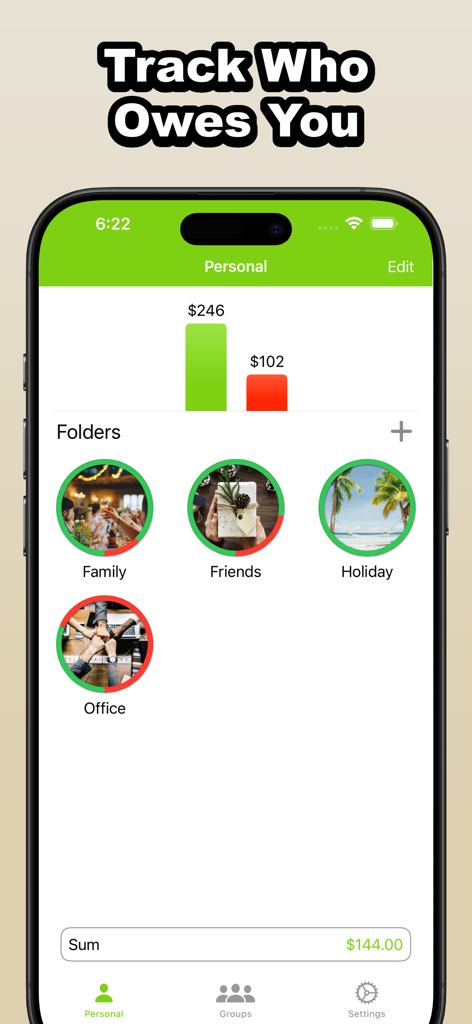 iou tracker app showing personal debt dashboard with category folders for family friends holiday and office