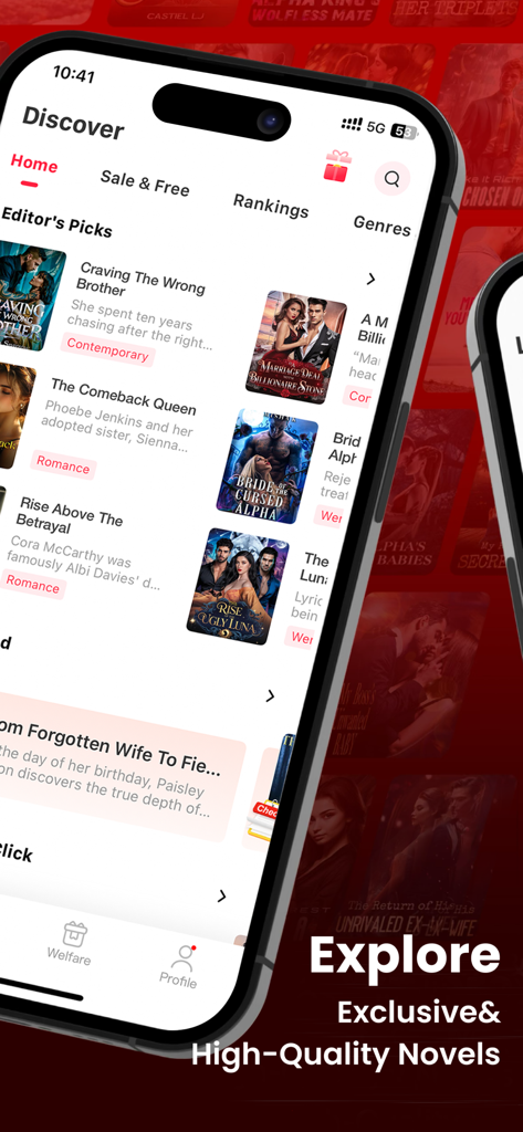 LeReader app Discover screen showing popular romance, billionaire, and werewolf web novels under Editor's Picks