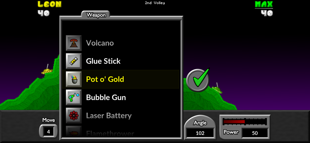 In-game weapon selection menu in Pocket Tanks Deluxe showing artillery options and tank controls
