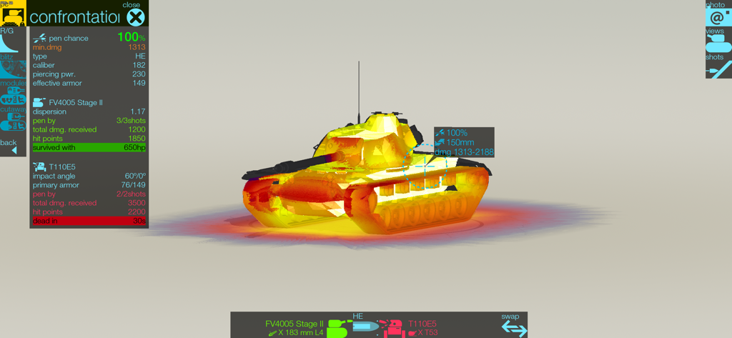HE damage heatmap and penetration analysis of a tank in Armor Inspector