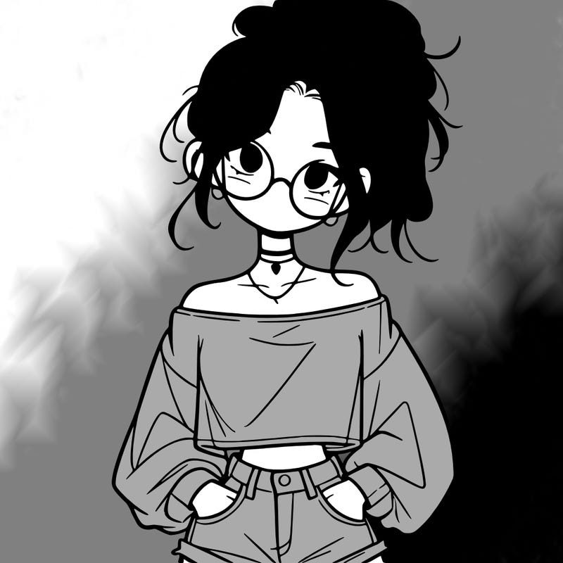 girl with a messy ponytail glasses a baggy crop top and jean shorts