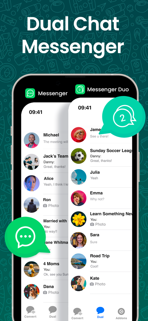 Messenger Duo app interface showing the dual chat feature to manage two messaging accounts on a single device