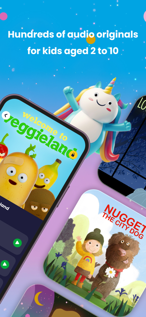 Alma Studio: Listen & Relax - Alma Studio app interface showcasing a collection of original audio stories for children aged 2 to 10 including titles like Veggieland and Nugget the City Dog.