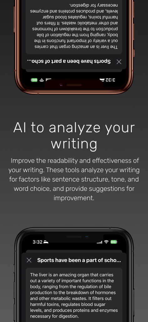 AI Essay Writer: Writing Tools - Ein Screenshot einer mobilen App, der die KI-Schreibanalysesoftware zur Verbesserung der Lesbarkeit und Satzstruktur zeigt