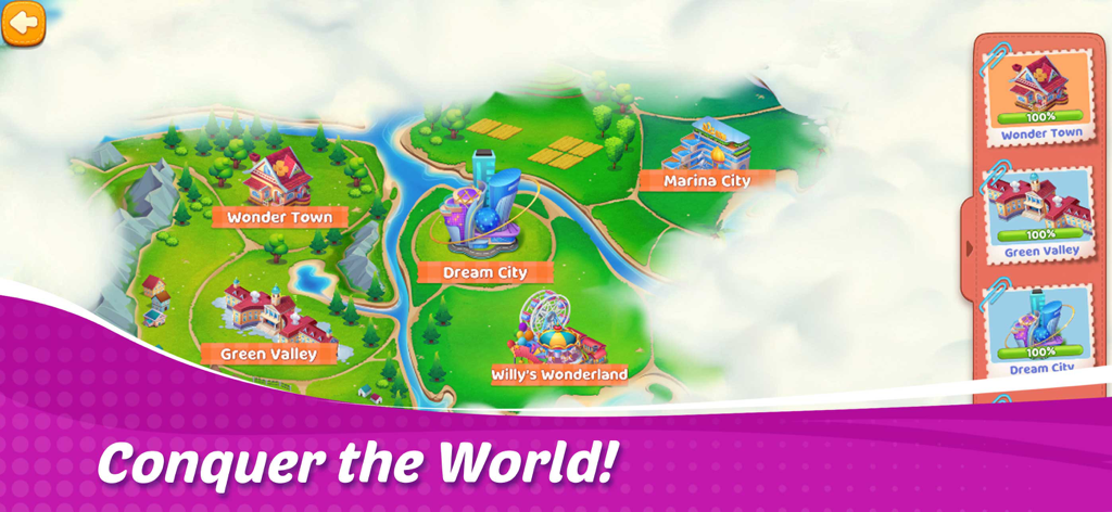 Cooking Wonder: Cooking Games - Um mapa do mundo colorido do jogo em Cooking Wonder mostrando cidades desbloqueáveis como Wonder Town e Green Valley.