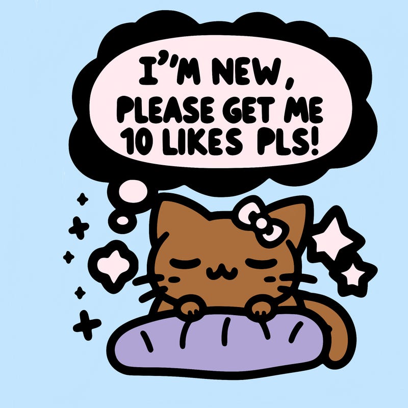 kitty taking a nap dream talking and saying "i'm new, please get me at least 10 likes pls!!"