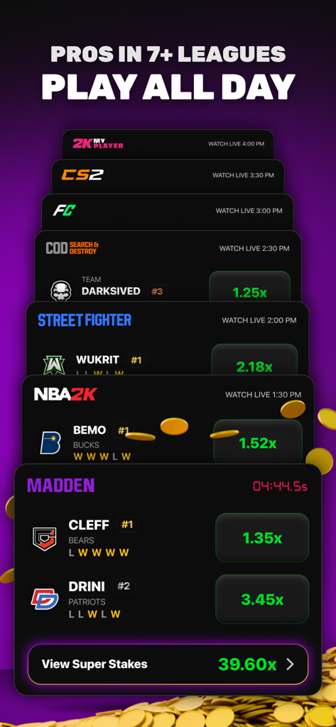 1v1Me app interface displaying multiple esports leagues like Madden and NBA 2K with live staking multipliers and match schedules