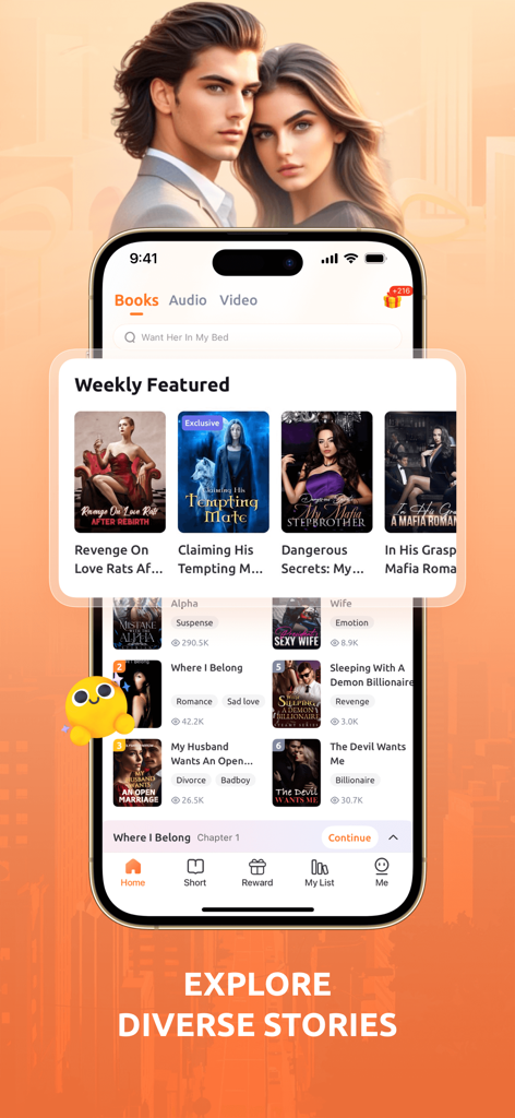 PickNovel - Novels & Stories - Interfaz de la aplicación PickNovel mostrando novelas románticas y de multimillonarios destacadas.