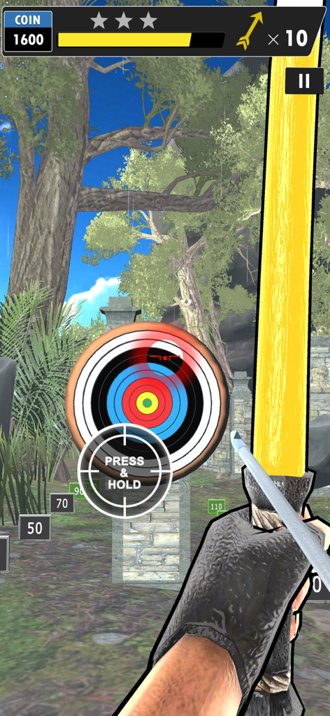 First person view of a player aiming a bow at a target board in a 3D archery game