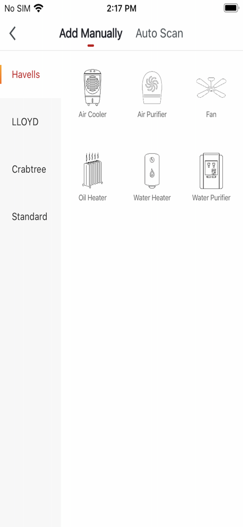 Havells DigiTap - Interfaz de la aplicación Havells DigiTap que muestra la adición manual de dispositivos para ventiladores de enfriador de aire y calentadores