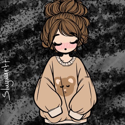 girl with baggy sweatshirt and messy bun