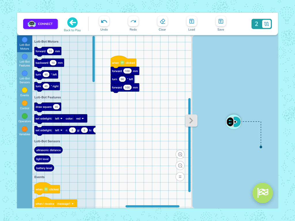 Loti-Bot - A block-based programming interface for Loti-Bot showing code blocks and a robot movement path.