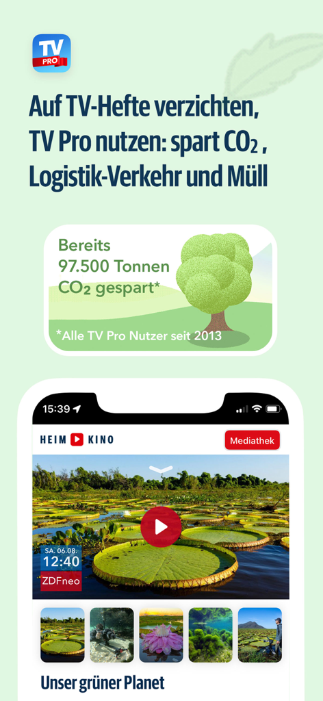 TV Pro TV-Programm + Mediathek - TV Pro app interface showing CO2 savings statistics and a nature documentary streaming option