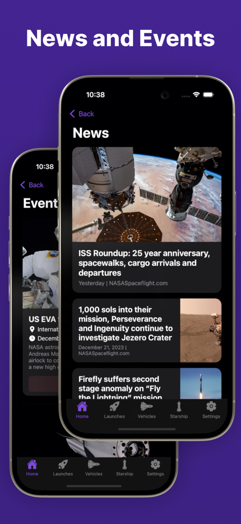 Next Spaceflight - Pantalla de noticias y eventos de la aplicación Next Spaceflight que muestra los últimos artículos de la industria espacial