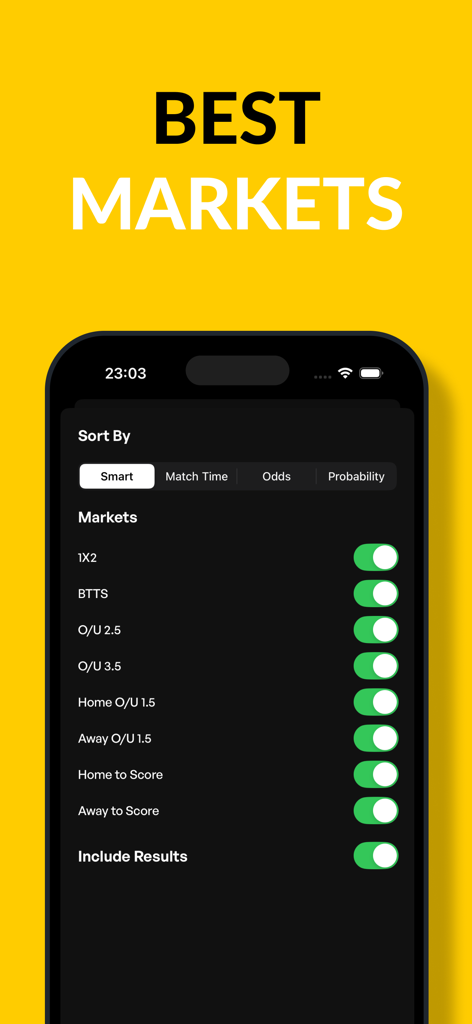 Betting Tips: Bet Predictions - Betting Tips 앱 인터페이스로 BTTS 및 Over Under와 같은 스포츠 베팅 시장을 정렬하고 선택하는 옵션 표시.