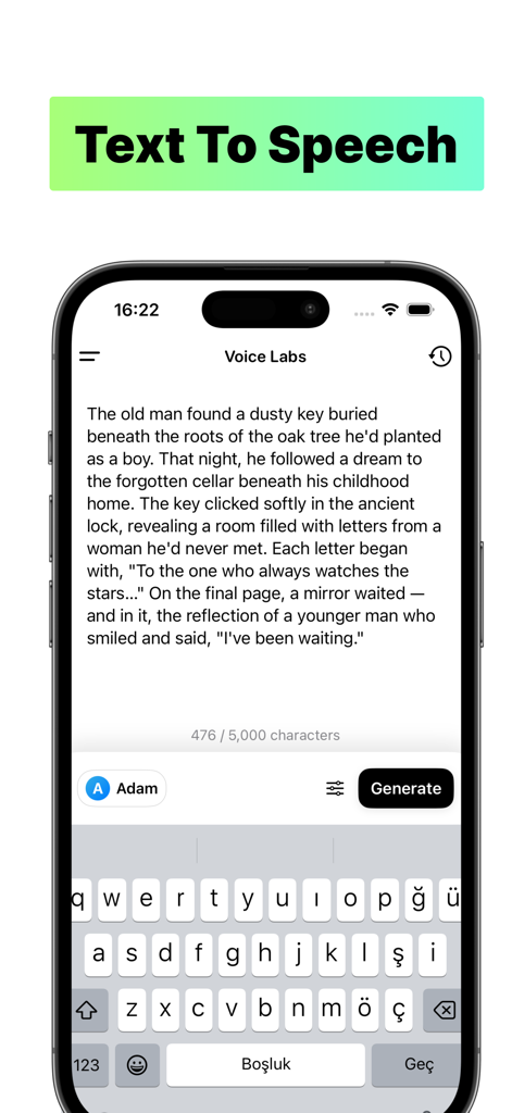 Voice Labs: AI Text To Speech - Voice Labs mobile App-Oberfläche, die die KI-Text-zu-Sprache-Generierung aus einem Story-Skript zeigt