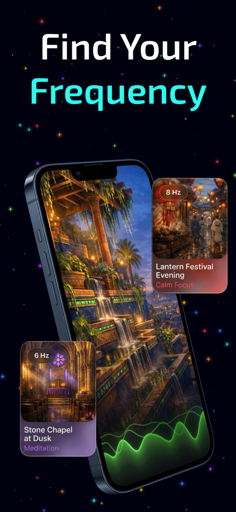 NeuroPulse: Binaural Beats - NeuroPulse app interface on a smartphone showing various brainwave frequency soundscapes for meditation and focus