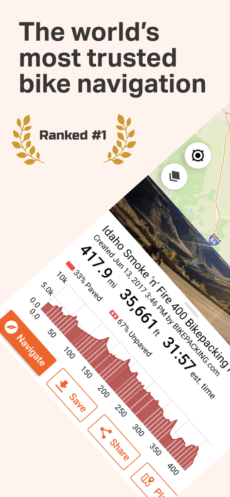 Ride with GPS: Bike Navigation - Pantalla de la aplicación Ride with GPS mostrando una ruta de bikepacking de 400 millas con estadísticas de elevación y opciones de navegación