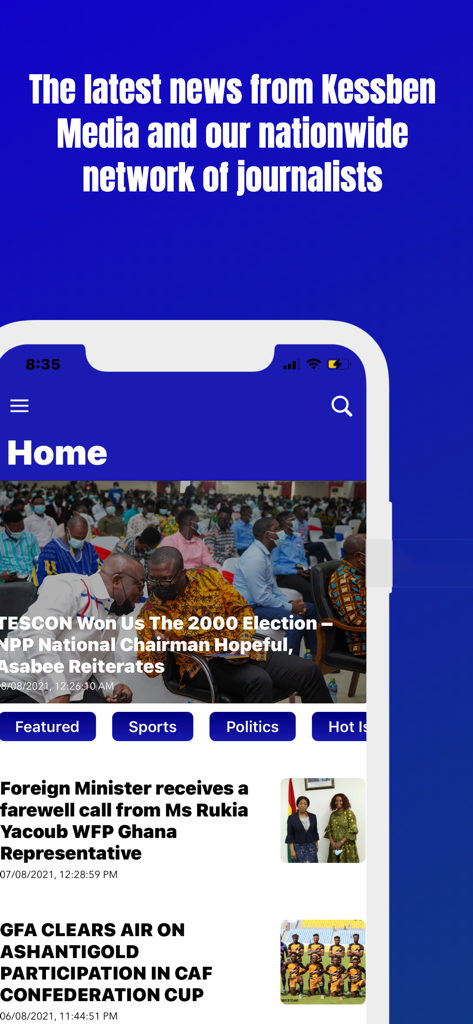 Kessben Online mobile app home screen featuring Ghanaian news headlines and categories like sports and politics