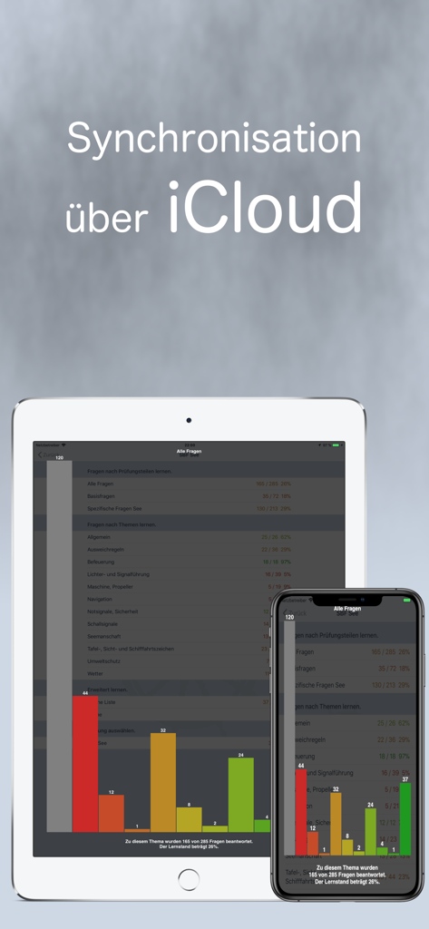 SBF See inkl. digitaler Karte - iPad and iPhone screens showing iCloud synchronization and learning progress charts for the SBF See app