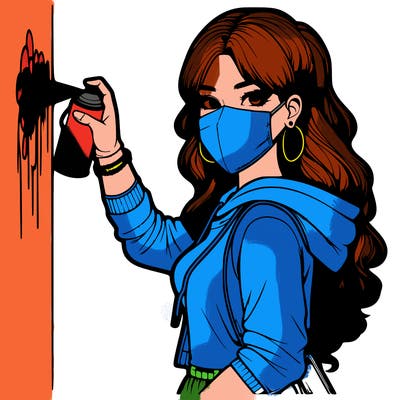 realistic girl with mask spray painting a wall