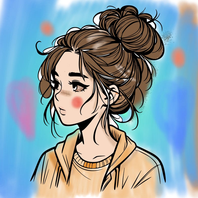 realistic teenage girl with a messy bun
