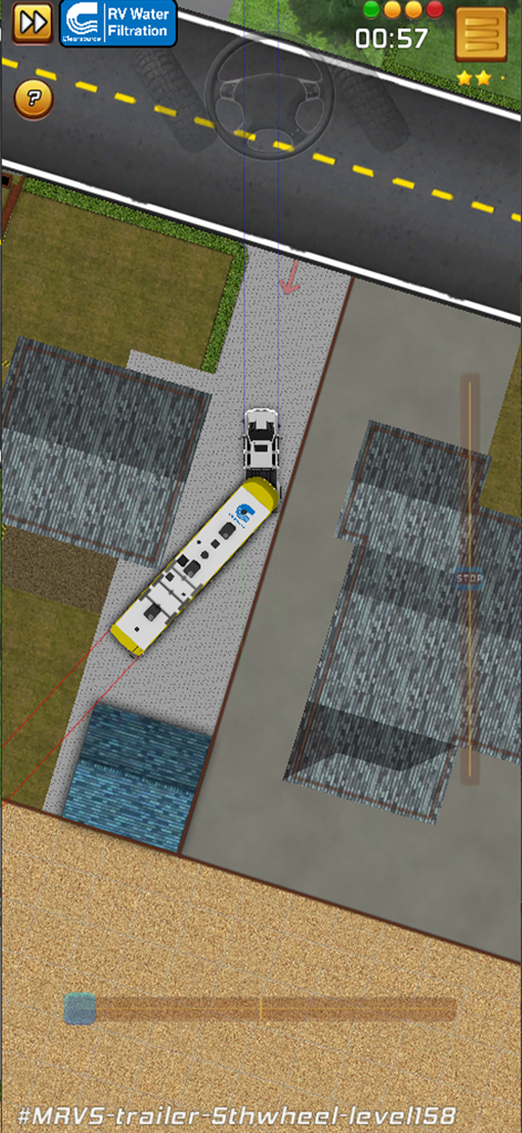 Top down view of a truck backing a 5th wheel trailer in the My RV Parking Skills simulation game