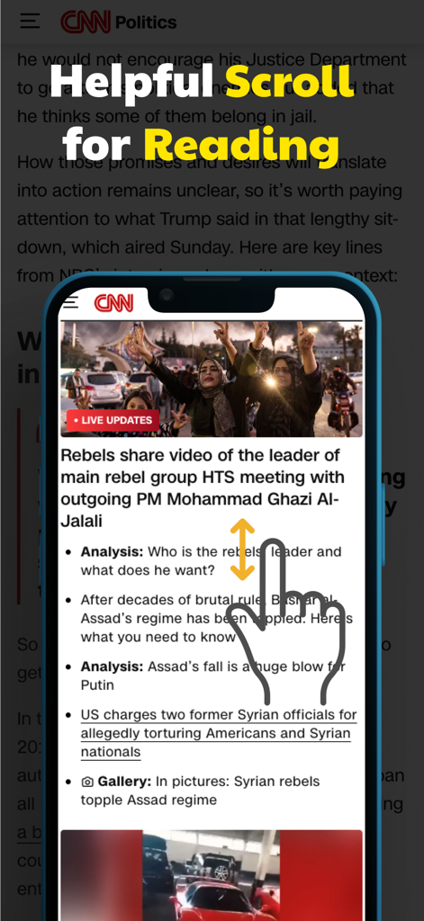 AutoClicker: Click Assistant⁺ - Smartphone showing auto scroll gesture for reading news articles